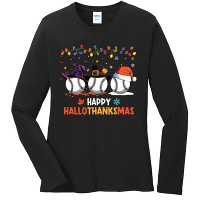 Baseball Halloween Thanksgiving Christmas Hallothanksmas Ladies Long Sleeve Shirt