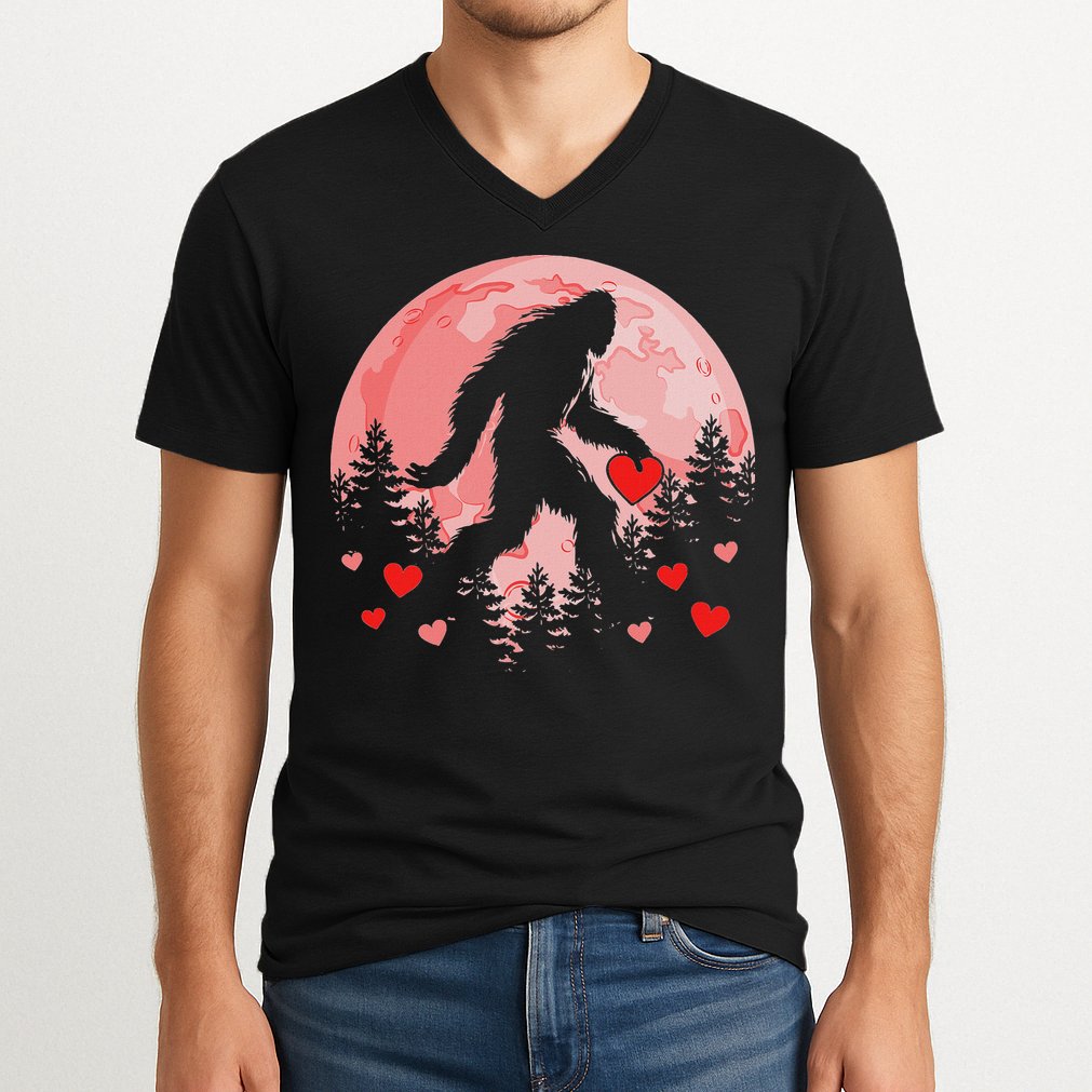 Bigfoot Heart Valentines Day V-Neck T-Shirt