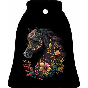 Beautiful Horse with Flowers and Plants Equestrian Art Black Ceramic Bell Ornament