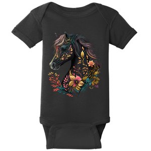 Beautiful Horse with Flowers and Plants Equestrian Art Black Baby Bodysuit