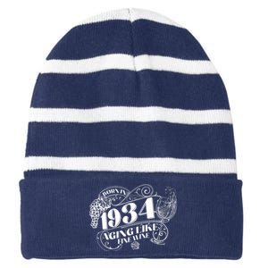 Born In 1934 90th Birthday Aging Like Fine Wine Striped Beanie with Solid Band