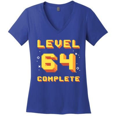 Born In 1957 Level 64 Complete 64th Birthday Retro Gaming Gift Women's V-Neck T-Shirt