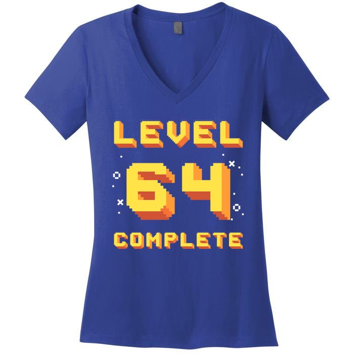 Born In 1957 Level 64 Complete 64th Birthday Retro Gaming Gift Women's V-Neck T-Shirt