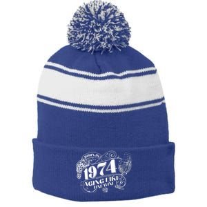 Born In 1974 50th Birthday Aging Like Fine Wine Stripe Pom Pom Beanie