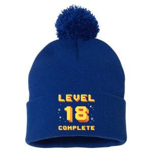 Born In 2003 Level 18 Complete 18th Birthday Retro Gaming Gift Pom Pom 12in Knit Beanie