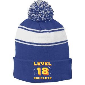 Born In 2003 Level 18 Complete 18th Birthday Retro Gaming Gift Stripe Pom Pom Beanie