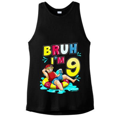 Bruh Im 9 Funny 9th Birthday Pool Party Beach Cool Ladies PosiCharge Tri-Blend Wicking Tank