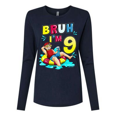 Bruh Im 9 Funny 9th Birthday Pool Party Beach Cool Womens Cotton Relaxed Long Sleeve T-Shirt