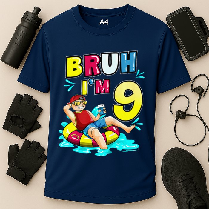 Bruh Im 9 Funny 9th Birthday Pool Party Beach Cool Cooling Performance Crew T-Shirt