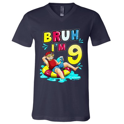Bruh Im 9 Funny 9th Birthday Pool Party Beach Cool V-Neck T-Shirt