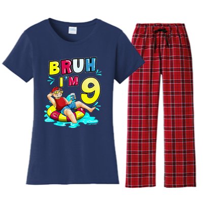 Bruh Im 9 Funny 9th Birthday Pool Party Beach Cool Women's Flannel Pajama Set