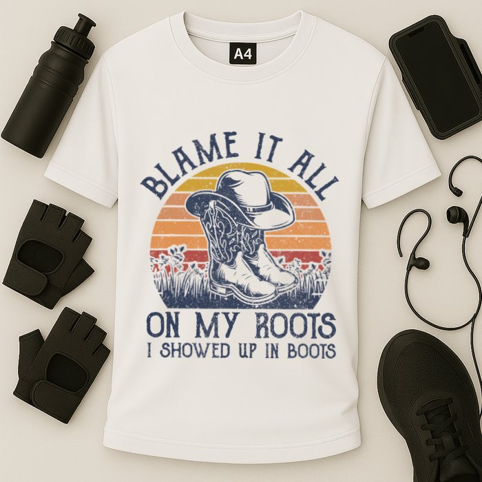 Blame It All On My Roots Cowboy Hat Western Country Music Cooling Performance Crew T-Shirt