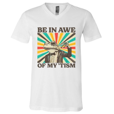 Be In Awe Of My Tism Retro Funny Frog Autism V-Neck T-Shirt