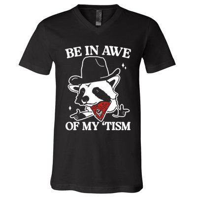 Be In Awe Of My Tism Funny Racoon Meme Retro V-Neck T-Shirt