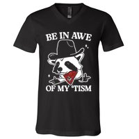 Be In Awe Of My Tism Funny Racoon Meme Retro V-Neck T-Shirt