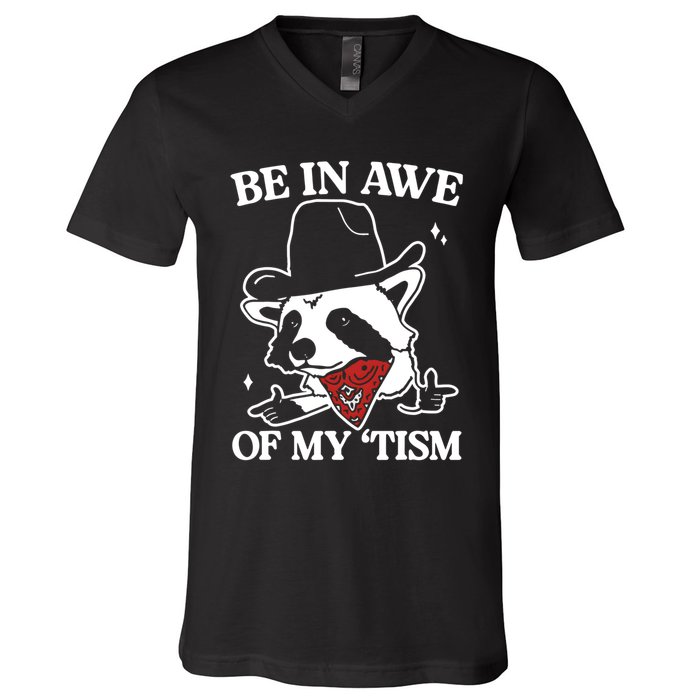 Be In Awe Of My Tism Funny Racoon Meme Retro V-Neck T-Shirt