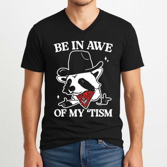 Be In Awe Of My Tism Funny Racoon Meme Retro V-Neck T-Shirt