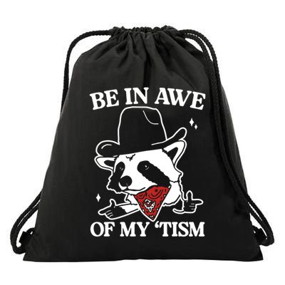 Be In Awe Of My Tism Funny Racoon Meme Retro Drawstring Bag