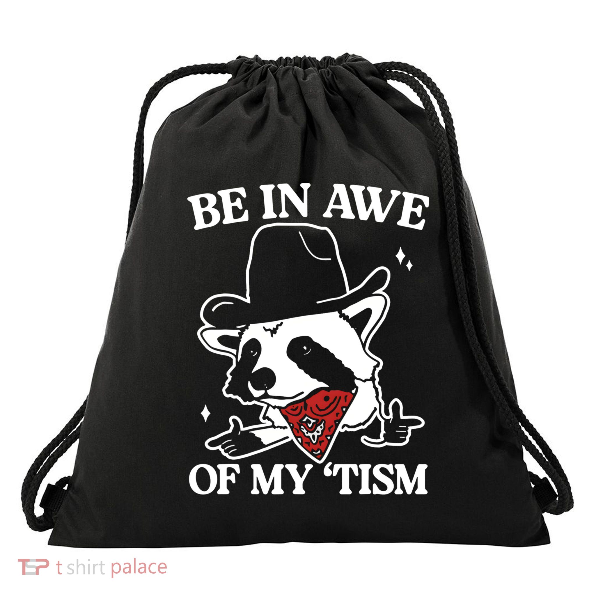 Be In Awe Of My Tism Funny Racoon Meme Retro Drawstring Bag