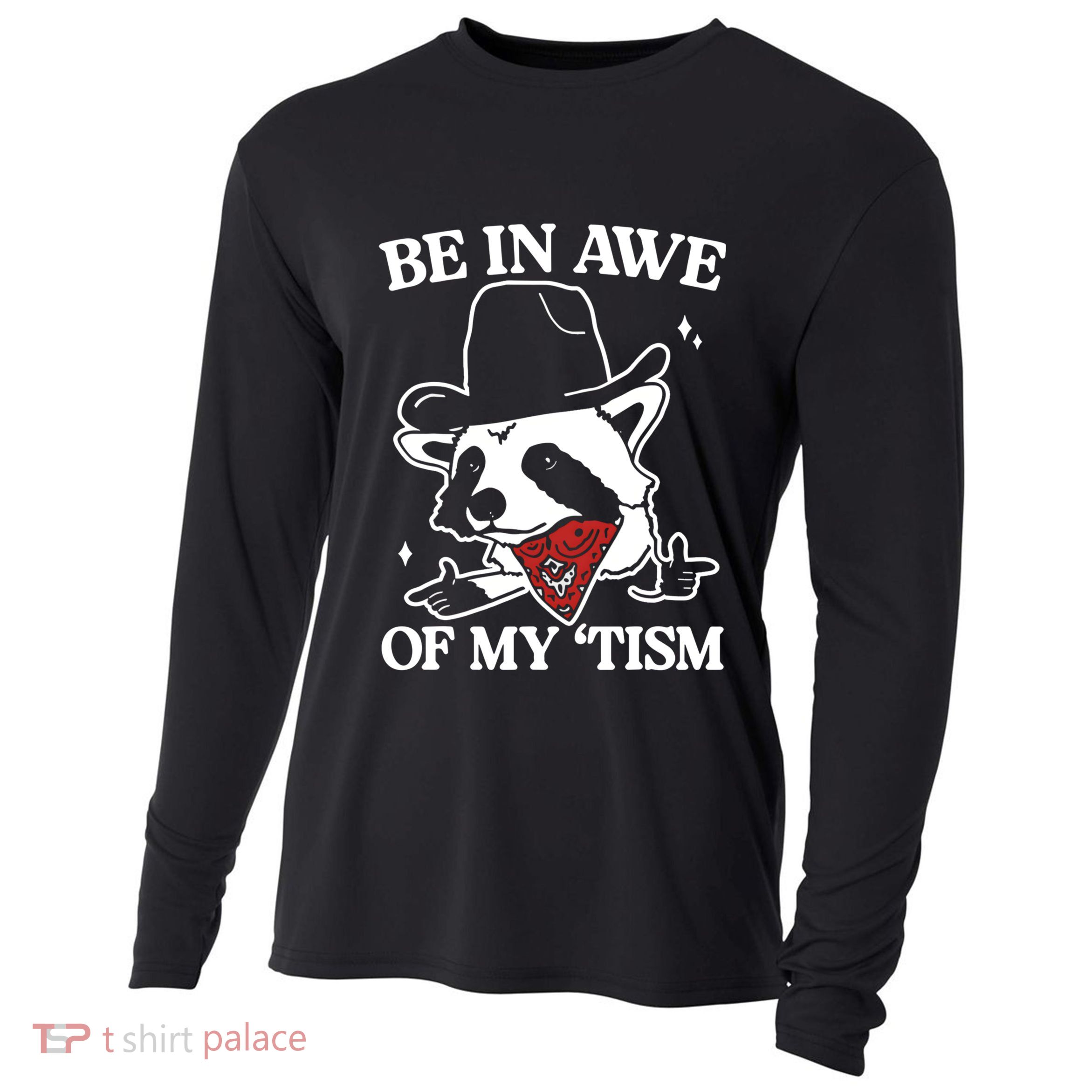 Be In Awe Of My Tism Funny Racoon Meme Retro Cooling Performance Long Sleeve Crew
