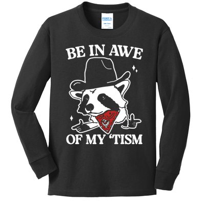 Be In Awe Of My Tism Funny Racoon Meme Retro Kids Long Sleeve Shirt