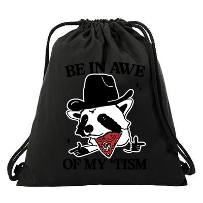 Be In Awe Of My Tism Funny Racoon Meme Retro Drawstring Bag