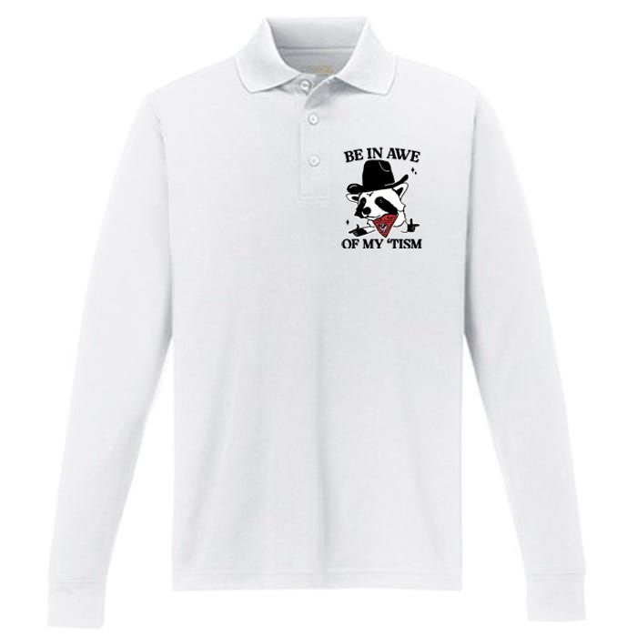 Be In Awe Of My Tism Funny Racoon Meme Retro Performance Long Sleeve Polo