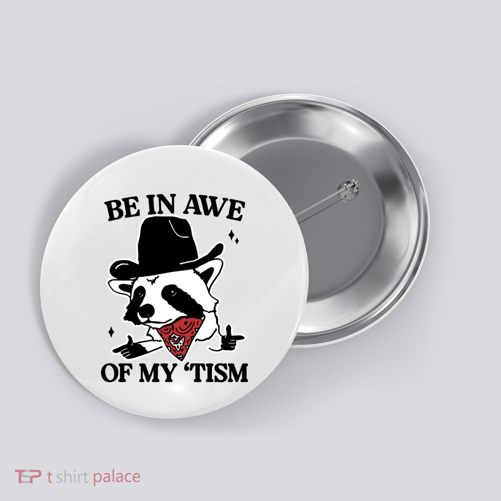 Be In Awe Of My Tism Funny Racoon Meme Retro Button