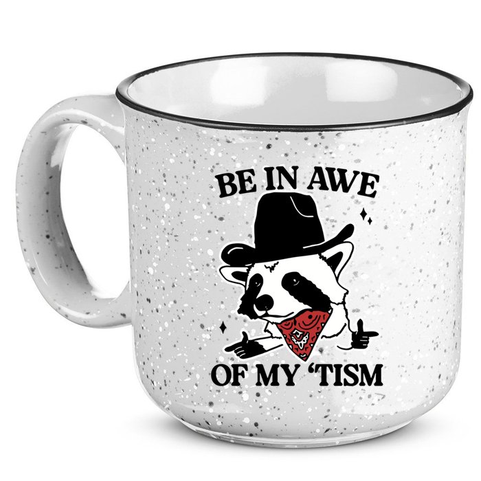 Be In Awe Of My Tism Funny Racoon Meme Retro 15oz Campfire Ceramic Mug