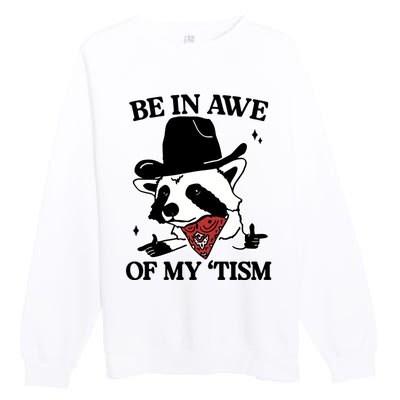 Be In Awe Of My Tism Funny Racoon Meme Retro Premium Crewneck Sweatshirt