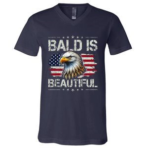 Bald Is Beautiful 4th Of July Independence Day America Eagle V-Neck T-Shirt