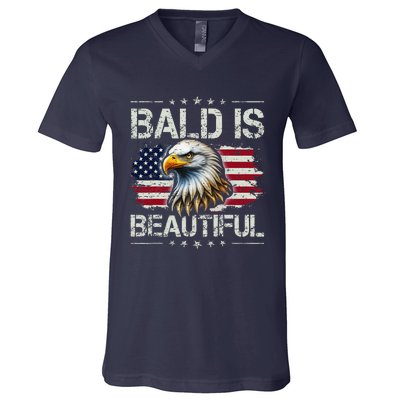 Bald Is Beautiful 4th Of July Independence Day America Eagle V-Neck T-Shirt