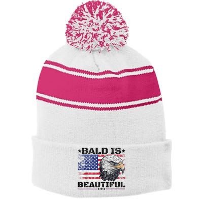 Bald Is Beautiful 4th Of July Independence Day America Eagle Stripe Pom Pom Beanie