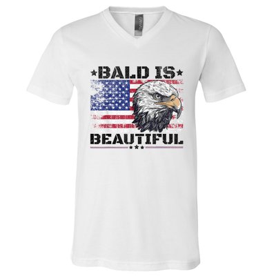 Bald Is Beautiful 4th Of July Independence Day America Eagle V-Neck T-Shirt