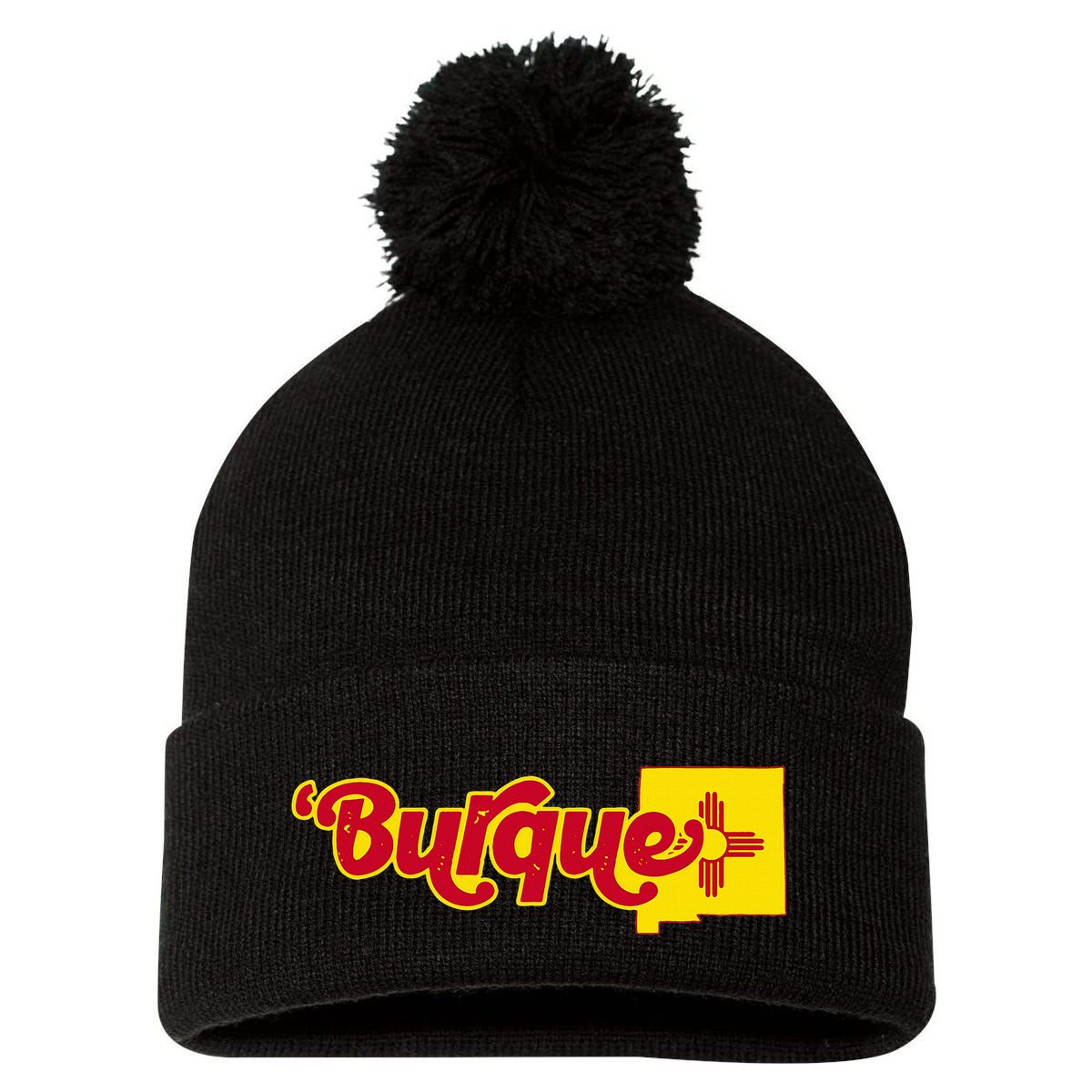 Born In Burque Albuquerque New Mexico Zia Sun Souvenir Pom Pom 12in Knit Beanie