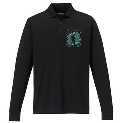 Believe In Bigfoot Christmas Lights Funny Sasquatch Performance Long Sleeve Polo