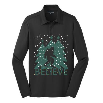 Believe In Bigfoot Christmas Lights Funny Sasquatch Silk Touch Performance Long Sleeve Polo