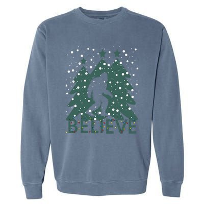 Believe In Bigfoot Christmas Lights Funny Sasquatch Garment-Dyed Sweatshirt