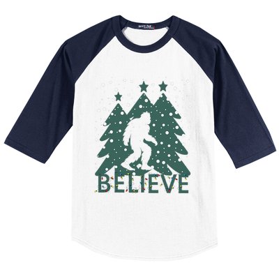 Believe In Bigfoot Christmas Lights Funny Sasquatch Baseball Sleeve Shirt