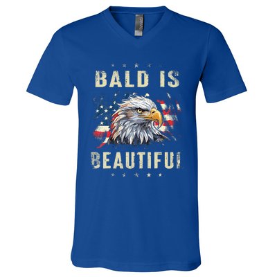 Bald Is Beautiful 4th Of July Independence Day America Eagle V-Neck T-Shirt