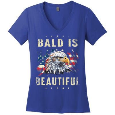 Bald Is Beautiful 4th Of July Independence Day America Eagle Women's V-Neck T-Shirt