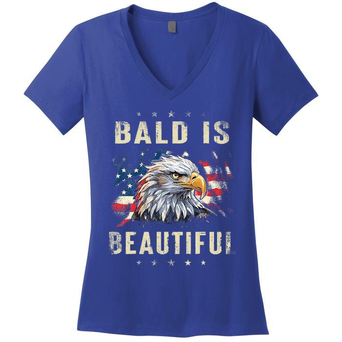 Bald Is Beautiful 4th Of July Independence Day America Eagle Women's V-Neck T-Shirt