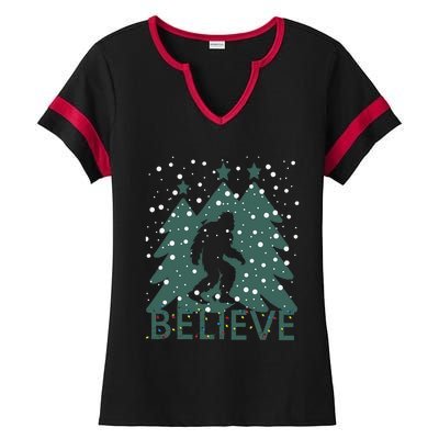 Believe In Bigfoot Christmas Lights Funny Sasquatch Ladies Halftime Notch Neck Tee