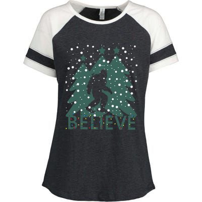 Believe In Bigfoot Christmas Lights Funny Sasquatch Enza Ladies Jersey Colorblock Tee