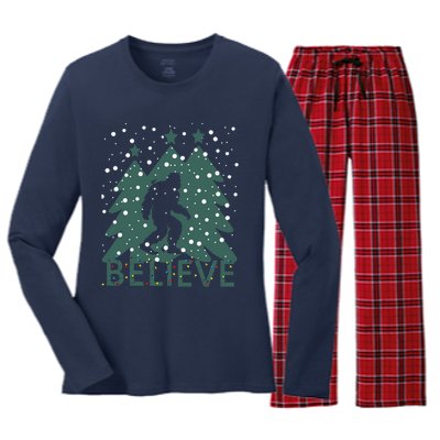 Believe In Bigfoot Christmas Lights Funny Sasquatch Women's Long Sleeve Flannel Pajama Set 