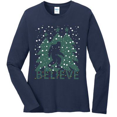 Believe In Bigfoot Christmas Lights Funny Sasquatch Ladies Long Sleeve Shirt