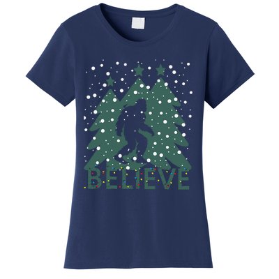 Believe In Bigfoot Christmas Lights Funny Sasquatch Women's T-Shirt