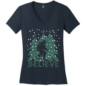 Believe In Bigfoot Christmas Lights Funny Sasquatch Women's V-Neck T-Shirt