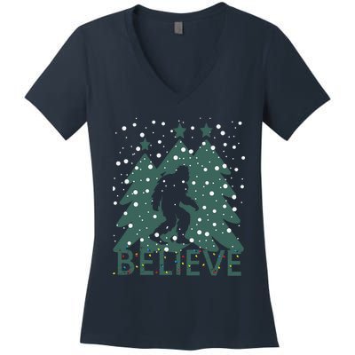 Believe In Bigfoot Christmas Lights Funny Sasquatch Women's V-Neck T-Shirt