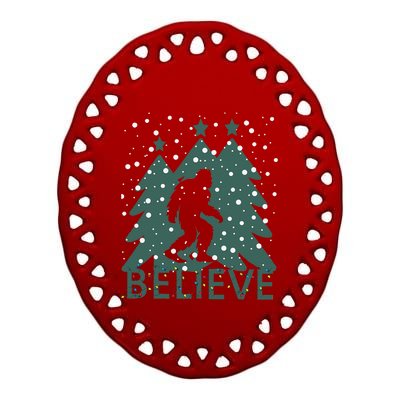 Believe In Bigfoot Christmas Lights Funny Sasquatch Ceramic Oval Ornament